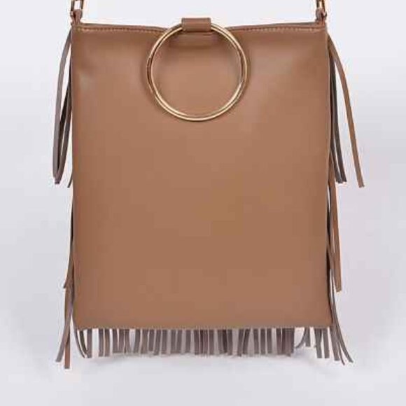 Fringe Tiered /Tassel/ Gold Hoop / Boho Style Crossbody/ Retro 70s - Brown - NWT - Picture 3 of 8